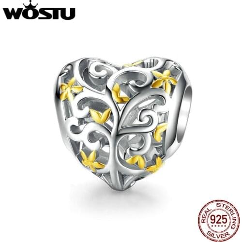 WOSTU 925 Sterling Silver Tree for life Heart Charm Fit Original Bracelet Pendant Beads Bangle Jewelry Making CQC1249