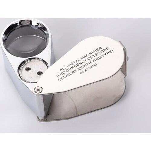 Full Metal Folding 40x25mm High Magnification Magnifying Glass with LED Light Currency Detector Lamp for Jewelry Identification