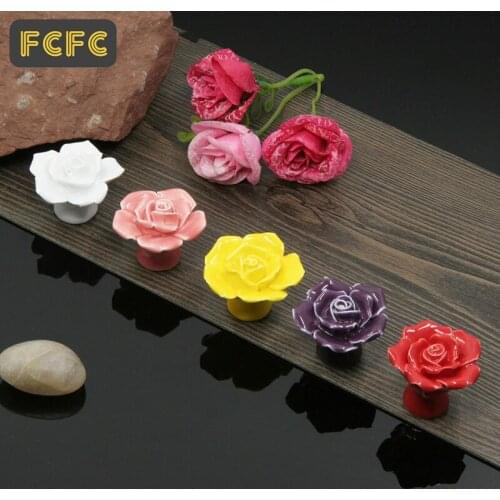 FCFC Cabinet Cupboard handles Ceramic Flower Rose Drawer Knobs Rural 41mm diameter 34mm height Fashion Furniture Handles Hardw