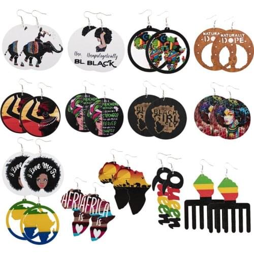 Bohemia Natural Wood Head Portrait 1Pair Vintage Personality Printing Fashion African Beautys Head Women Handmad Drop Earring