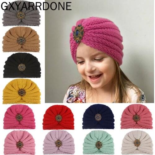Knitted Winter Baby Hat for Girls Bonnet Enfant Baby Beanie Turban Hats Newborn Baby Cap Rhinestone Children Hair Accessories