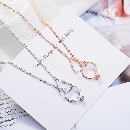 High Quality 925 Sterling Silver Double Circle Heart Zircon Pendants Necklaces For Women Girl Statement Necklace Jewelry