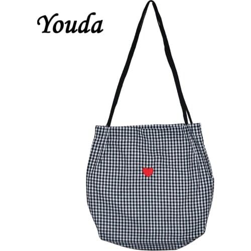 Youda Vintage Cute Girls Tote Decorative Plaid Canvas Women Bag Embroidery Patch Portable Womens Shopping Bags Classic Handbag