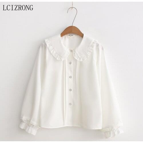 Sweet Ruffles Peter Pan Collar White Blouse Women Mori Girl Long Sleeve Bottoming Shirt Loose Solid Cotton College Tops Female