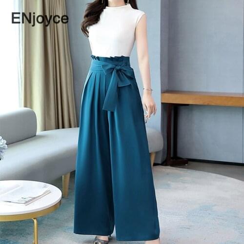 Summer Elegant Slim Two Pieces Set for Women Sleeveless Tops and High Waist Wide Leg Pants Suits Ladies Work Wear Sets Outfits