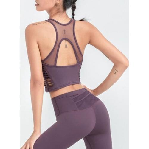 Autumn New Net Yarn Patchwork Sports Bra Women Side Hollow Out Quick Dry Gym Running Fitness Yoga Shockproof Gather Tank Tops