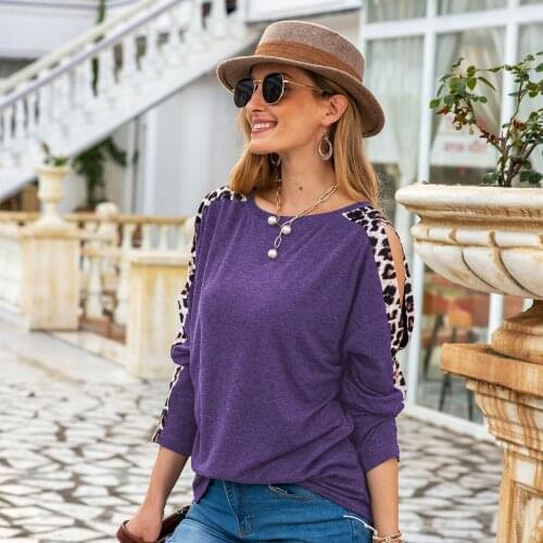 Womans Top Spring Autumn Leopard Print Hollow Out Color Matching Long Sleeve T-Shirts Womens Clothing 2021 Casual Loose Tops