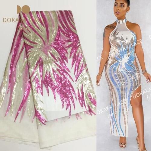 2020 High Quality African Sequins Mesh Tulle Lace Fabrics Indian Guinea Sequined Embroidered Weding Prom Dress Net Mesh Material