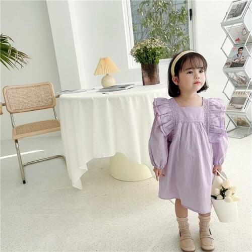 2021 New Arrival Autumn Spring Toddler Girl Ruffles Long-sleeve Dress Baby Girls Square Collar Princess Childrens Clothing