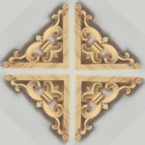 4PCS 6/8CM Vintage Wood Carved Corner Onlay Applique Unpainted for Home Furniture Cabinet Decorative Figurines Wooden Miniature