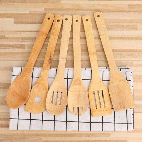 6pcs/set Bamboo Cooking Utensil Kitchen Wooden Spoon Spatula Mixing Cooking Tools Healthy High Quality Cookware Kitchen Supplies
