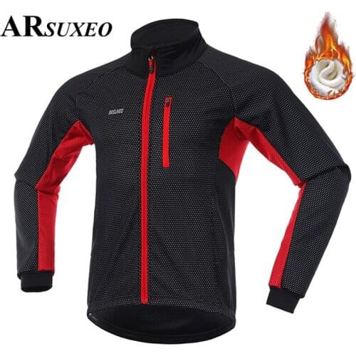 ARSUXEO Men Fleece Thermal Winter Long Sleeve Cycling Jacket Windproof Waterproof MTB Road Bike Windbreaker Bicycle Jersey
