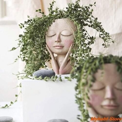Flower Pot Creative Girl Face Resin Vase Cute Closed Eyes Doll Face Head Plant Flowerpot for Home Garden Decor Tabletop Ornament