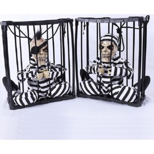 Voice-Control Prisoner Hanging Ghost Halloween The Bone In Prison Bar Decorative Props Dress With Prison Clothes