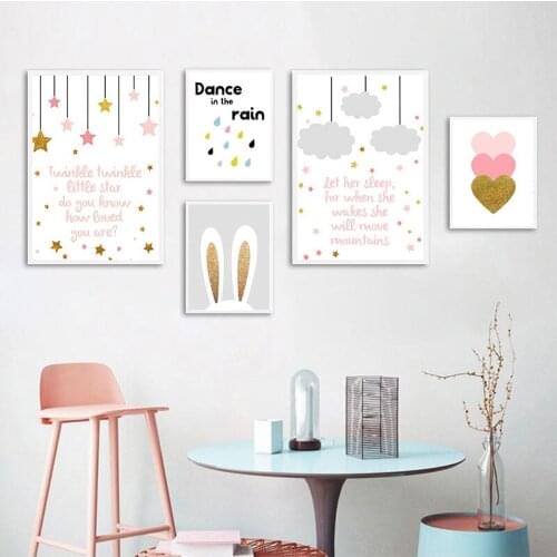 Cartoon Rabbit Pink Heart Wall Art Canvas Nursery Quotes Print Nordic Painting Wall Picture Kids Living Room Decoration