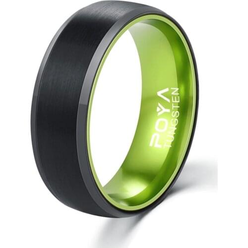 POYA TUNGSTEN Carbide Ring 8mm Black Beveled Edges Wedding Band with Green Aluminum Liner Comfort Fit