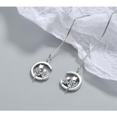 925 Sterling Silver Tassel Long Box Chain Cat Moon Charm Drop Earring For Women Girls Wedding Party Jewelry eh137