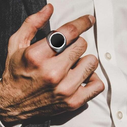 Hipster Ring, Mens Pinky Ring, Men Black Enamel Signet Ring, Stainless Steel Gents Modern Ring, Men Jewelry