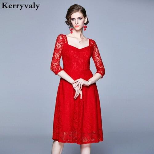 New Autumn Slim Red Lace Christmas Dress Womens Dresses New Arrival 2021 Midi Party Rhinestone Dress Lange Jurken K8733