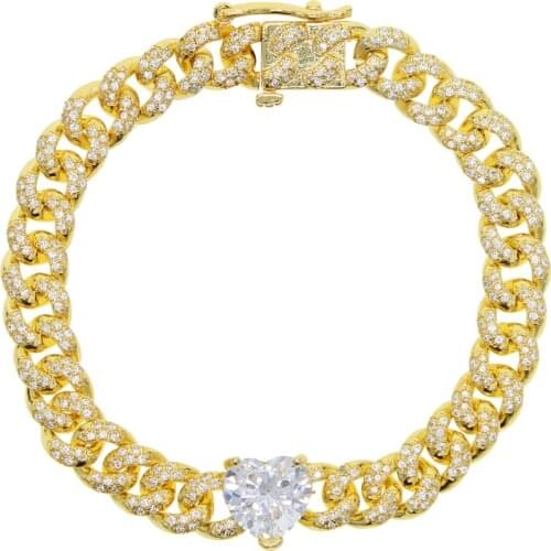 New heart Cuban chain bracelet with Gold color cz paved heart charm Hip Hop Fashion Punk braclet bangle Jewelry for lady women