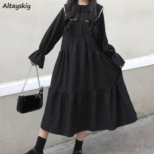 Dress Womens Black Long Flare Sleeve Loose Peter Pan Collar Students Korean Style Daily Trendy Ins Leisure College New Autumn