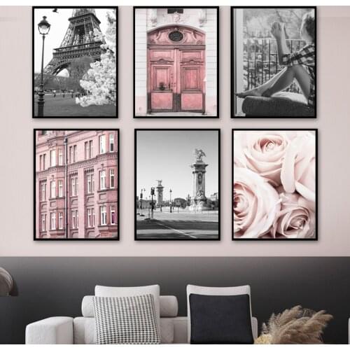 Pink Rose Flower Door Paris Tower Vintage Wall Art Canvas Painting Nordic Posters And Prints Wall Pictures For Living Room Decor