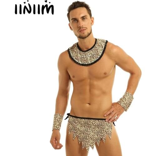 Sexy Halloween Costumes for Men Hot Sex Leopard Caveman Dress Up Lingerie Set Gay Clubwear Clothes Homme Adult Cosplay Underwear