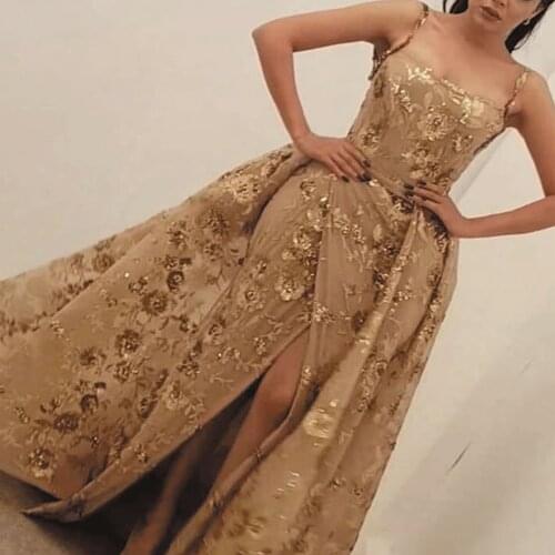 SuperKimJo Gold Sparkly Prom Dresses with Detachable Train Boat Neck Elegant Muslim Prom Gown Vestido De Fiesta