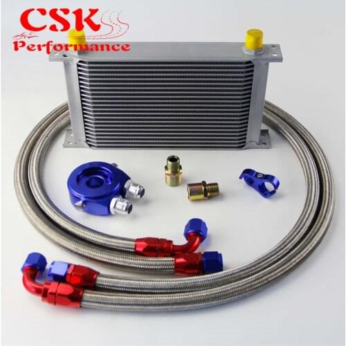 22 Row 248mm AN10 Universal Engine Transmission Oil Cooler British Type + Aluminum Filter Hose End Kit Silver/Blue/Black