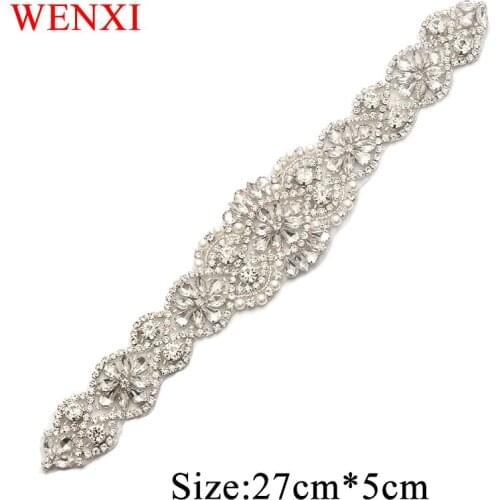 WENXI 5pcs Handmade Bling Sew On Hot Fix Beaded Crystal Silver Rhinestone Applique for Wedding DIY Bridal Belt Headbands WX836