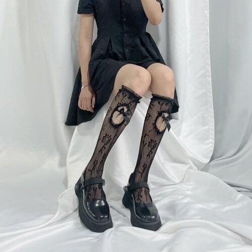 Japanese Fashion Hollow Lace Hole Bow Lace Mid-high Stockings Sexy Calf Socks Black Lolita Socks Harajuku Knee Socks Sox
