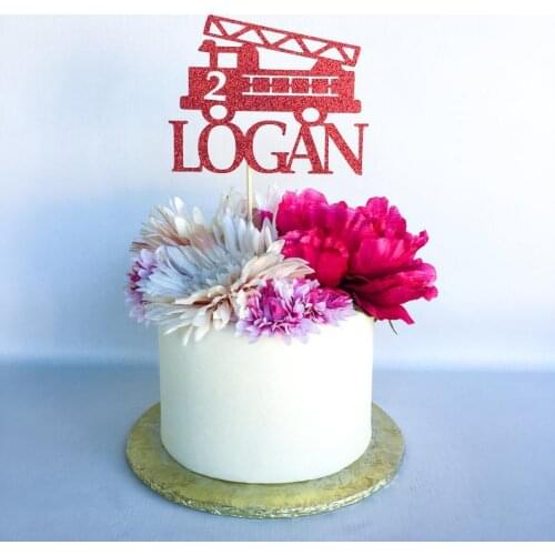 Custom name age glitter Firetruck cake topper, Firetruck birthday party decor, personalise name age Boys cake topper
