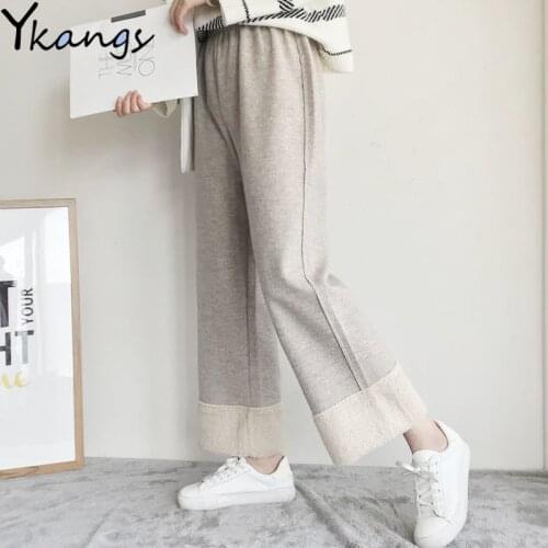 Women Pants Faux Lamb Wool Winter Straight Wide Leg Pants Casual High Waist Thick Loose Streetwear Winter Sweatpants Female 2020