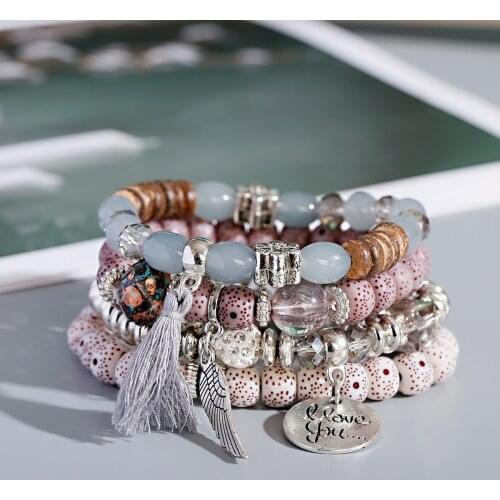 Tassel Beaded Charms Bracelet Pendant Wing Round Bracelets For Women Fashionable Jewelry Boho Style Stone Bracelets And Bangles