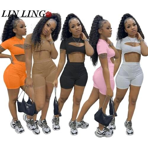 LINLING Sexy Womens Cutout Bodysuit Rompers Shorts Set Summer Lady Night Club Short Sleeve Hollow Out Bodycon Overalls Clothing