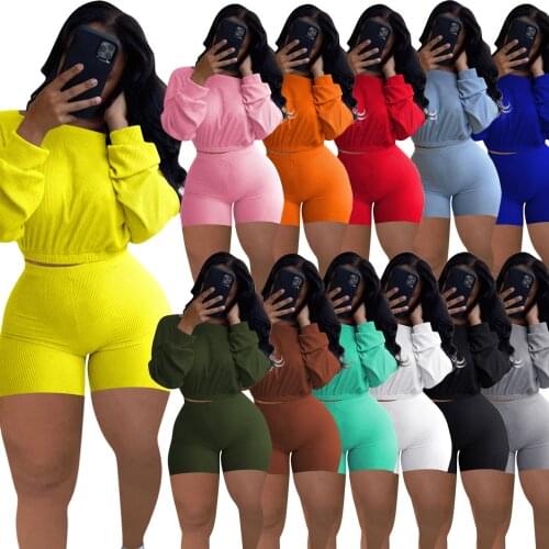 S-5XL Knitted Long Sleeve Tracksuit Plus Size 2 Pieces Shorts Sets Women O Neck Crop Top and Biker Shorts Summer Sport Outfit