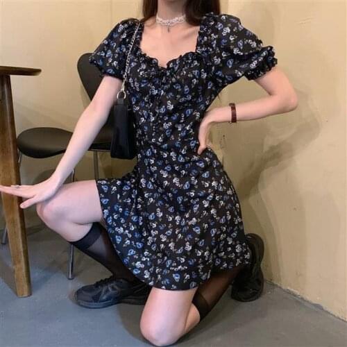 Women Floral Print Mini Dress Cute Short Puff Sleeve Square Collar A-Line Chic Dress Summer Lolita dress vestidos de mujer