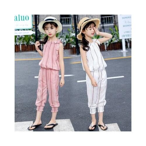 5-10 years childrens clothing girls' summer clothes new childrens version of vertical stripes cotton and linen two-piece tide