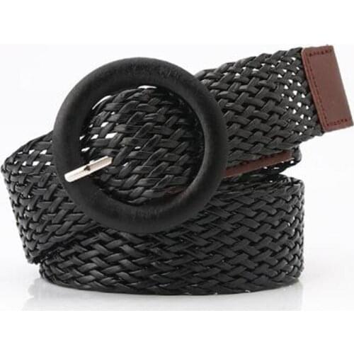 Fashion Women Braided Belt Luxury Brand PU Waistband Female Wood Round Buckle Jeans Wild Circle Pin Waist Band Strap