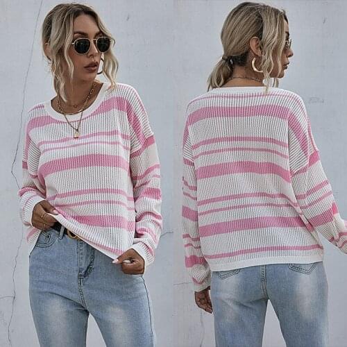 2021 fall European and American long-sleeved striped round neck knitted sweater women thin slim cropped oversized sweater