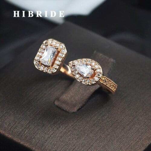 HIBRIDE Luxury Design Clear Cubic Zircon Women Wedding Ring Rose Gold-Color Adjustable Open Finger Ring Anillos R-189