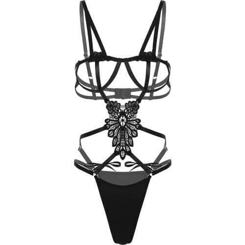 Womens Sexy Lingerie Hollow Out Bodysuit Bowknot Strappy Erotic Lingeries Hollow Out Erotic Sexy Costume Embroidered Sleepwear