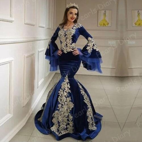 V-Neck Appliques Formal Prom Dress 2021 Newest Royal Blue Morocco Kaftan Evening Dresses Long Sleeves Velvet Muslim Party Gowns