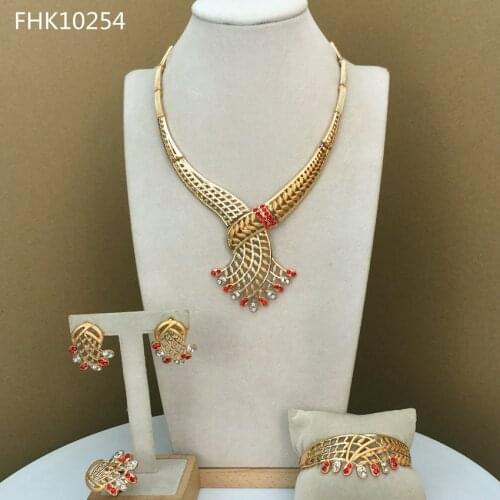 Yuminglai Fashion Jewelry Sets Rhinestone Red Rhinestone Necklace Earrings Bracelet Ring for Women FHK10254