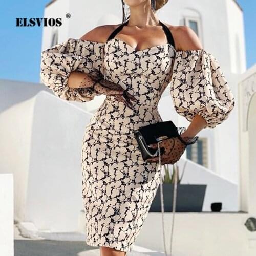 2021 Spring Autumn New Dresses Fashion Halter Slim Dress Ladies Sexy Chest Wrap Lantern Sleeve Temperament Printed Elegant Dress