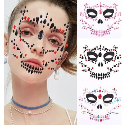 1Pc Halloween Face Terrorist Acrylic Drill Tattoo Environmental Masquerade Women Make-up Face Jewel Body Art Skull Face Stickers
