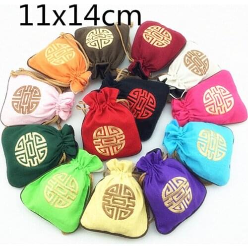 10pcs Chinese Embroidery Joyous Small Drawstring Gift Pouches Cotton Linen Christmas Wedding Party Candy Favor Bags
