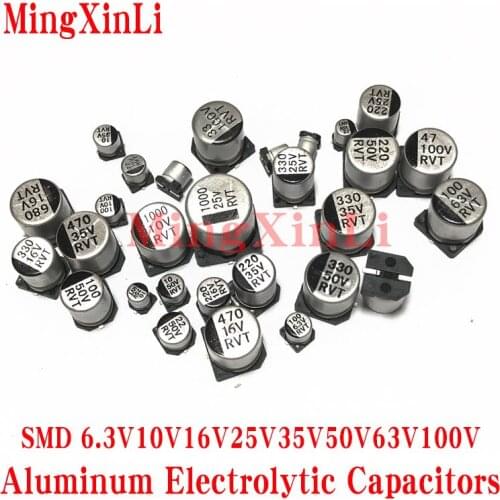 20pcs SMD Aluminum Electrolytic Capacitors 6.3V10V 16V 25V 35V 50V 63v100V 1UF4.7UF10UF22UF33UF47UF100UF220UF 330UF 470UF 1000uf