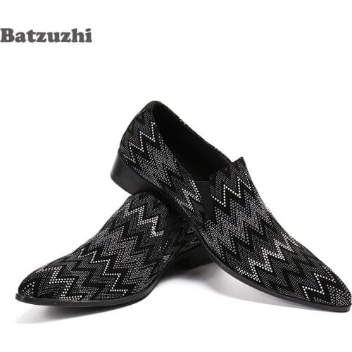 Batzuzhi Pointed Toe Genuine Leather Dress Shoes Men Rhinestones Mens Shoes Slip on Casual Leather Oxfords Shoes for Men, 38-46