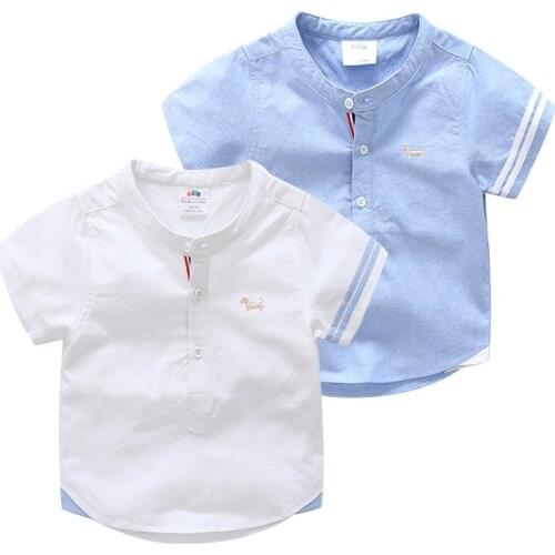 Kids Birthday Gift Clothes 2019 Summer Fashion Cotton White Blue Color Cartoon Dog Print Short Sleeve Mandarin Collar Boys Shirt